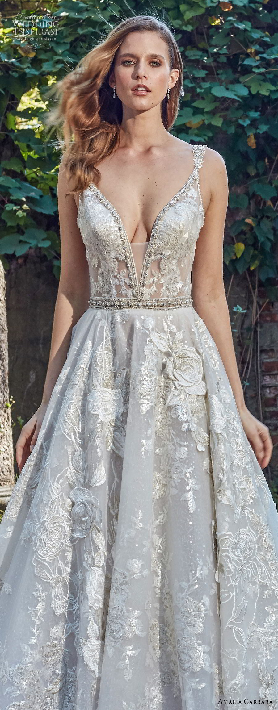 amalia carrara spring 2018 bridal sleeveless deep plunging v neck full embellishment sexy romantic a  line wedding dress open v back chapel train (3) zv