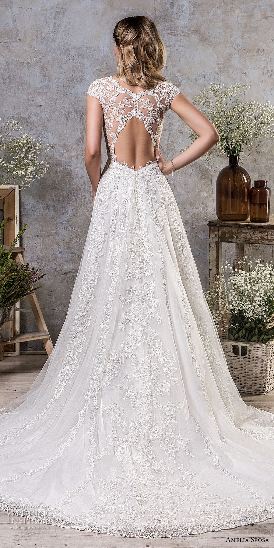 amelia sposa fall 2018 bridal cap sleeves illusion v sweetheart neckline heavily embellished bodice elegant romantic a  line wedding dress keyhole back chapel train (8) bv