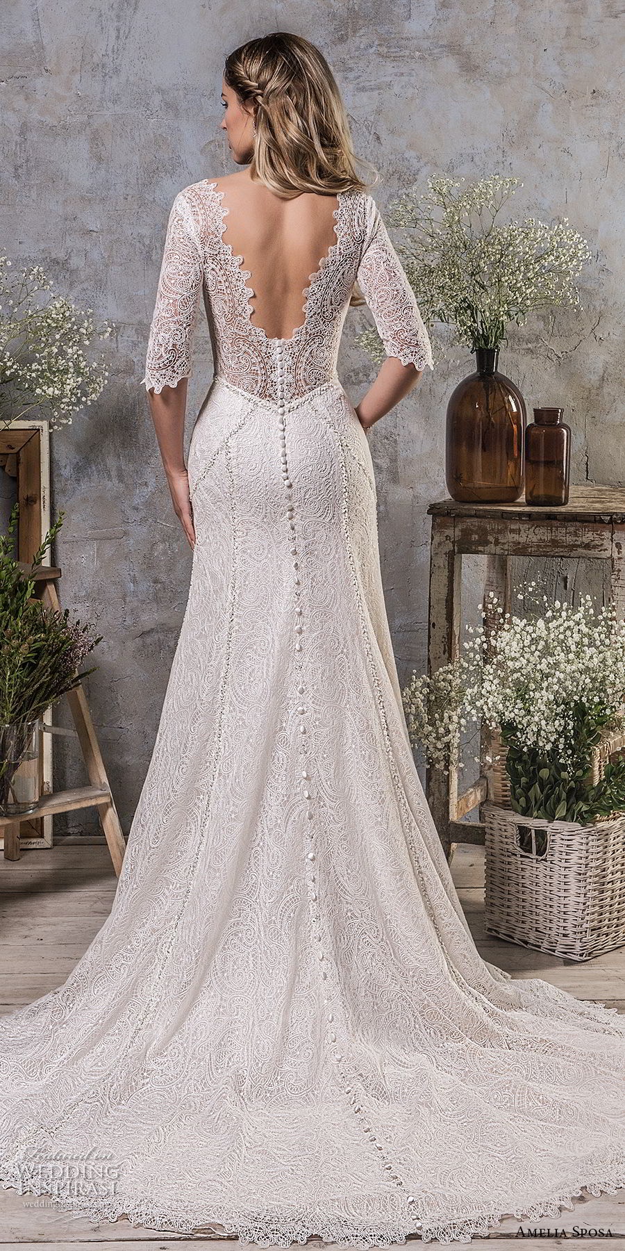 amelia sposa fall 2018 bridal half sleeves sweetheart neckline full embellishment elegant classic a  line wedding dress v back medium train (6) bv