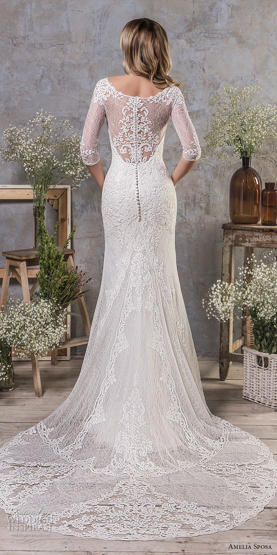 amelia sposa fall 2018 bridal half sleeves sweetheart neckline heavily embellished bodice elegant drop waist a  line wedding dress covered lace back medium train (4) bv