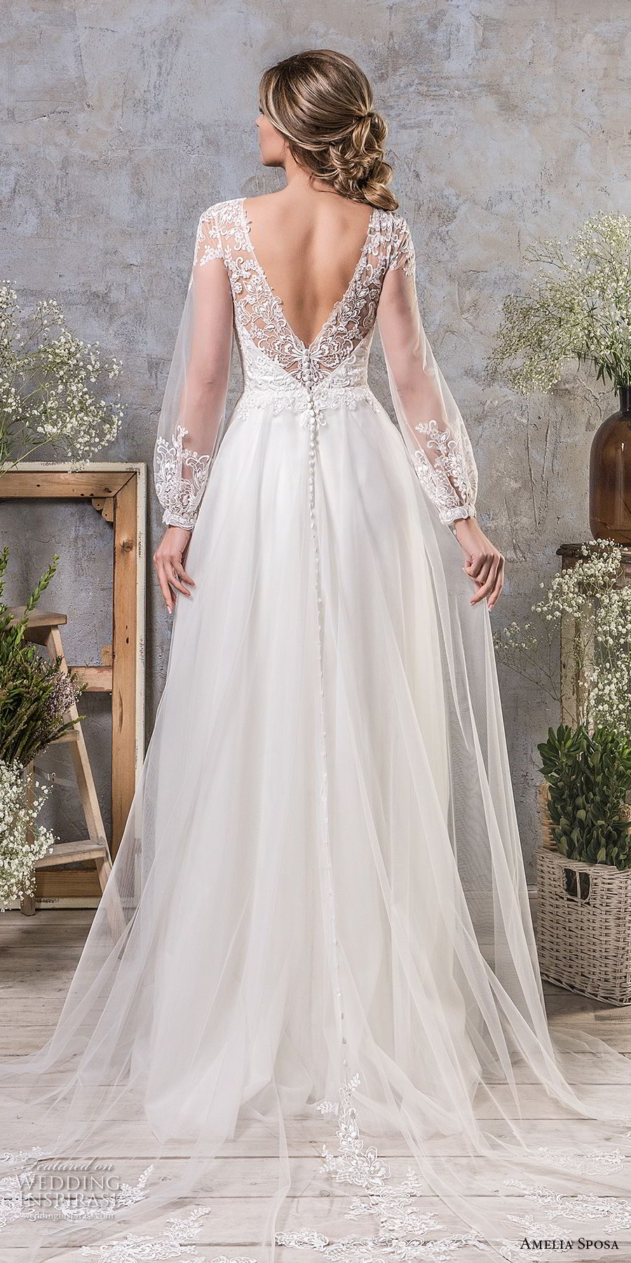 amelia sposa fall 2018 bridal long bishop sleeves illusion jewel semi sweetheart neckline heavily embellished bodice romantic a  line wedding dress open v back chapel train (16) bv