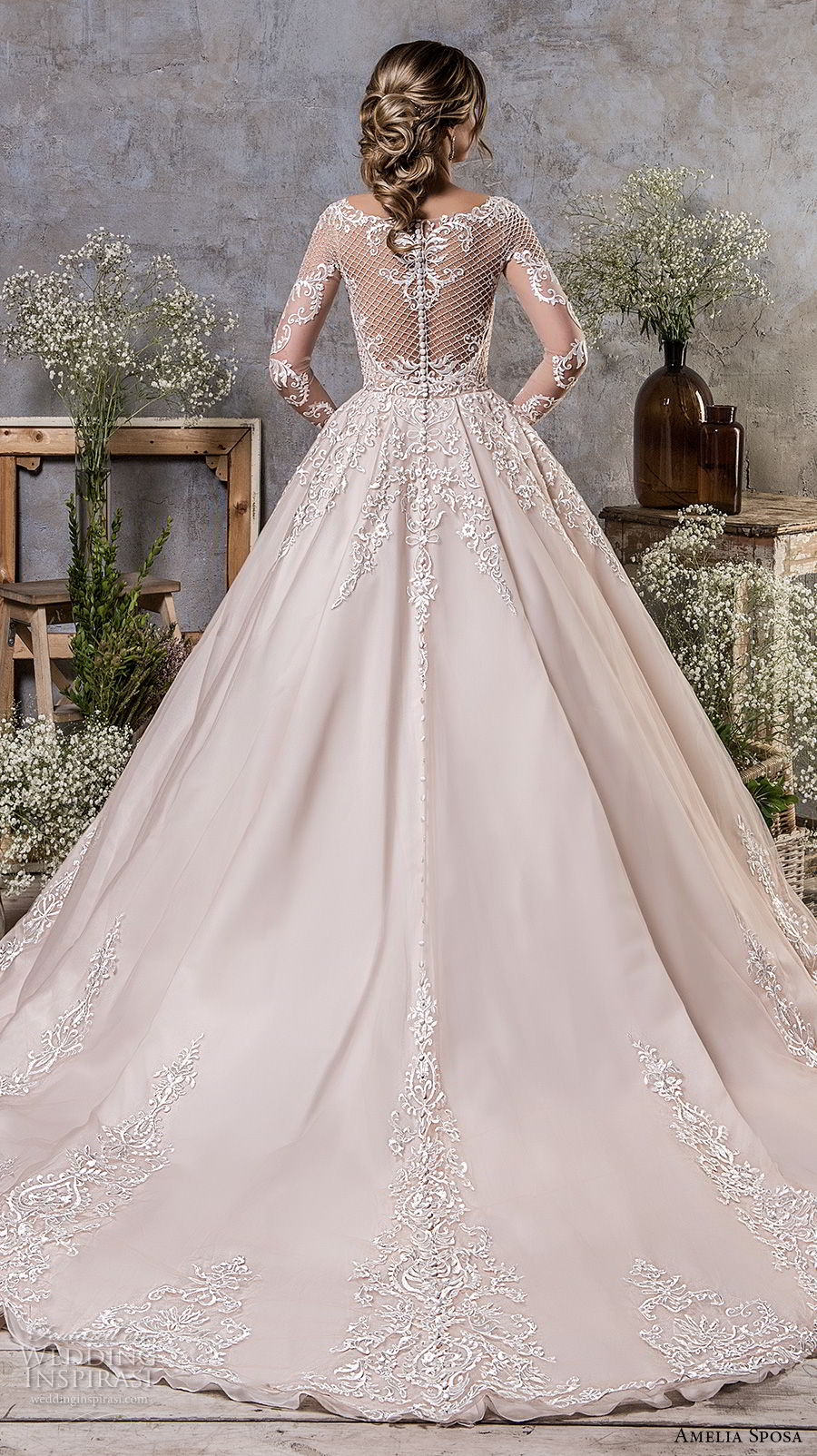 amelia sposa fall 2018 bridal long sleeves illusion bateau sweetheart neckline full embellishment elegant mermaid wedding dress a  line overskirt sheer lace back sweep train (19) bv