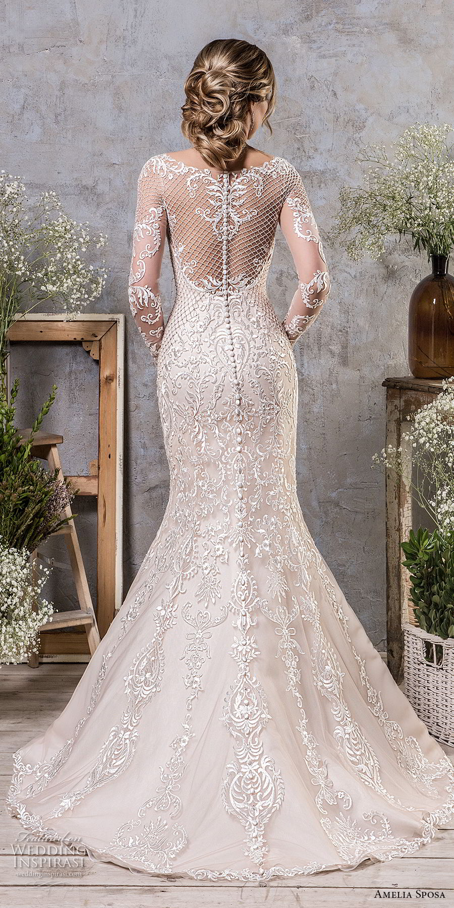 amelia sposa fall 2018 bridal long sleeves illusion bateau sweetheart neckline full embellishment elegant mermaid wedding dress sheer lace back sweep train (19) bv