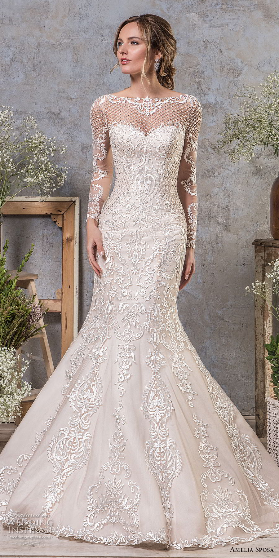 amelia sposa fall 2018 bridal long sleeves illusion bateau sweetheart neckline full embellishment elegant mermaid wedding dress sheer lace back sweep train (19) mv