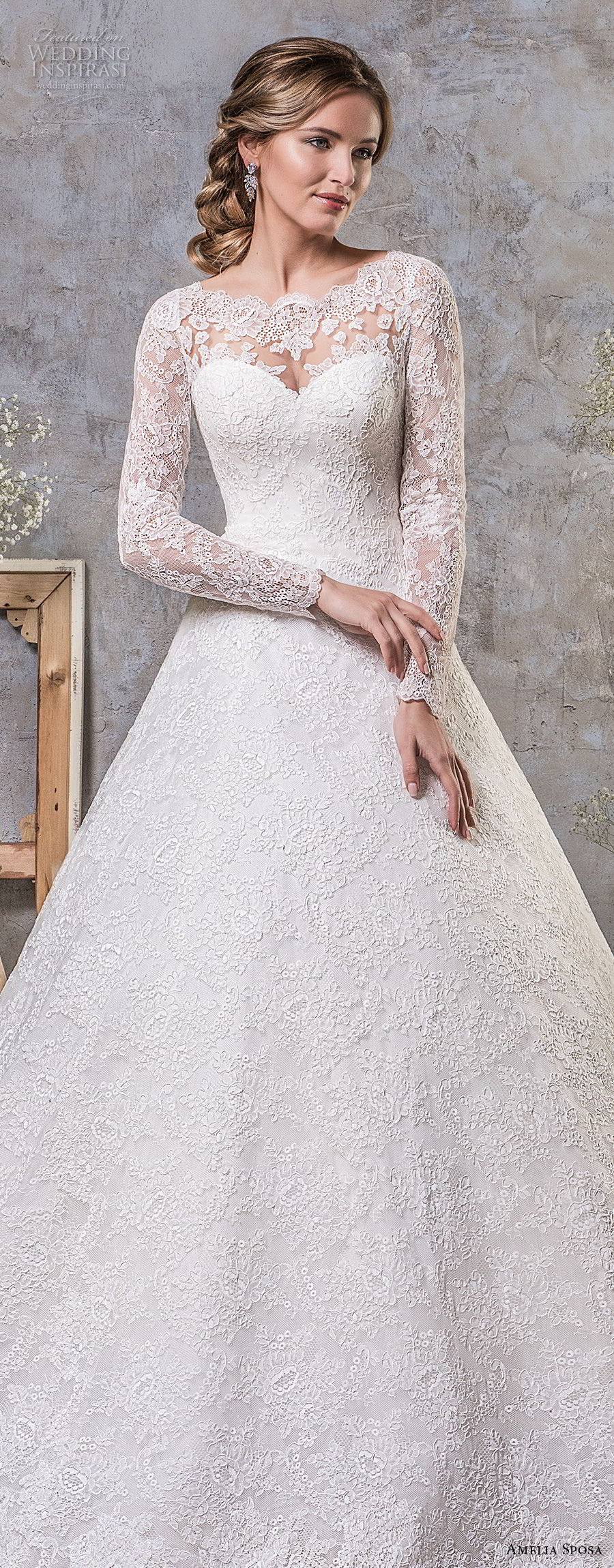 amelia sposa fall 2018 bridal long sleeves illusion jewel sweetheart neckline full embellishment elegant princess a  line wedding dress lace back chapel train (17) mv