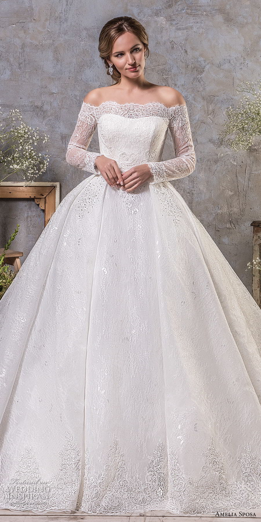 amelia sposa fall 2018 bridal long sleeves off the shoulder semi sweetheart neckline princess ball gown a  line wedding dress lace back chapel train (18) mv