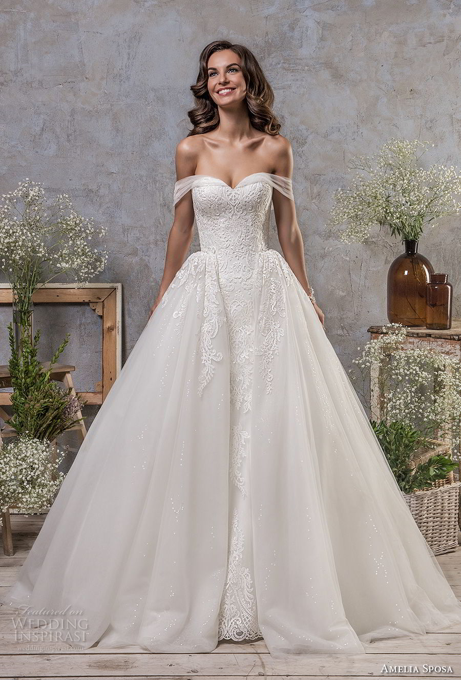 amelia sposa fall 2018 bridal off the shoulder sweetheart neckline heavily embellished bodice romantic princess ball gown a  line wedding dress chapel train (1) mv