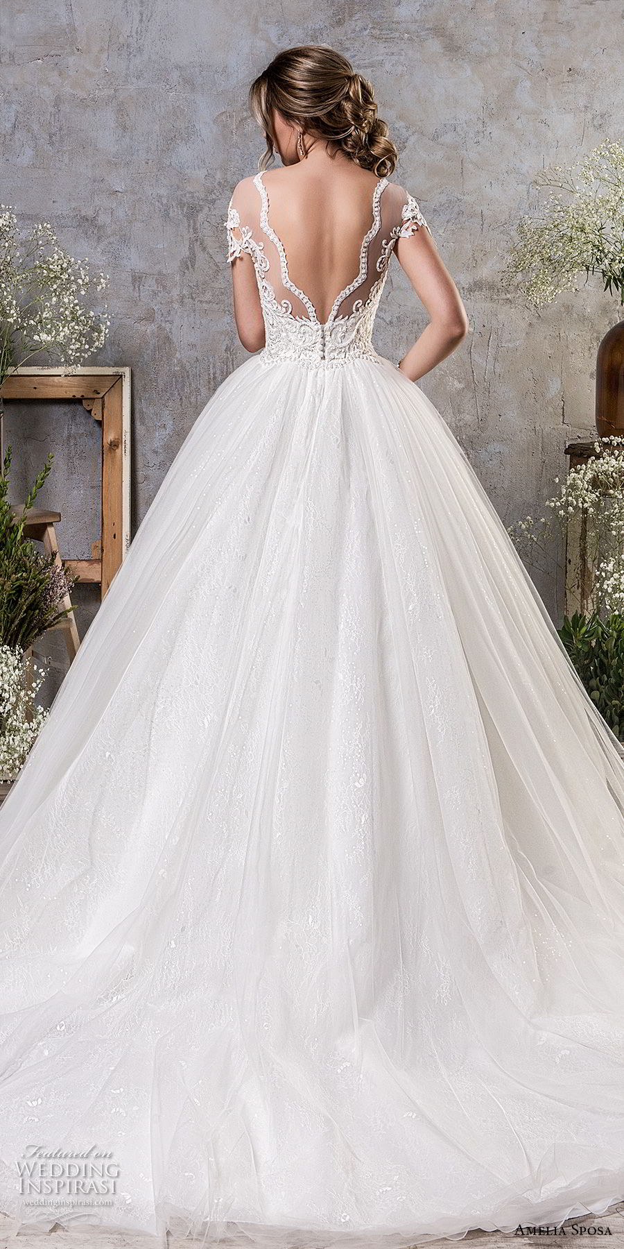 amelia sposa fall 2018 bridal short sleeves illusion bateau sweeetheart neckline heavily embellished bodice ball gown a  line wedding dress open v back chapel train (14) bv