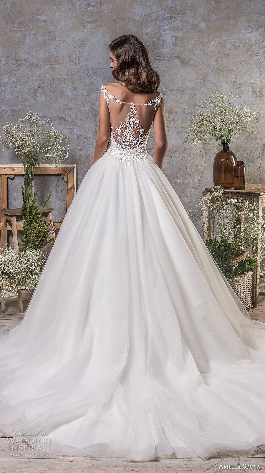 amelia sposa fall 2018 bridal sleeveless illusion bateau sweetheart neckline heavily embellished bodice elegant a  line wedding dress sheer lace back chapel train (13) bv