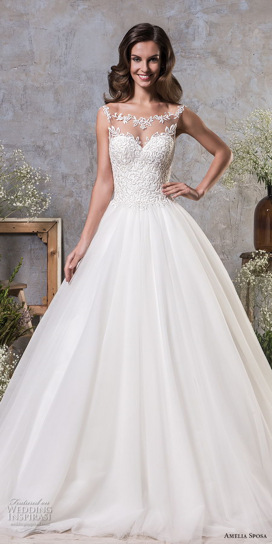 amelia sposa fall 2018 bridal sleeveless illusion bateau sweetheart neckline heavily embellished bodice elegant a  line wedding dress sheer lace back chapel train (13) mv