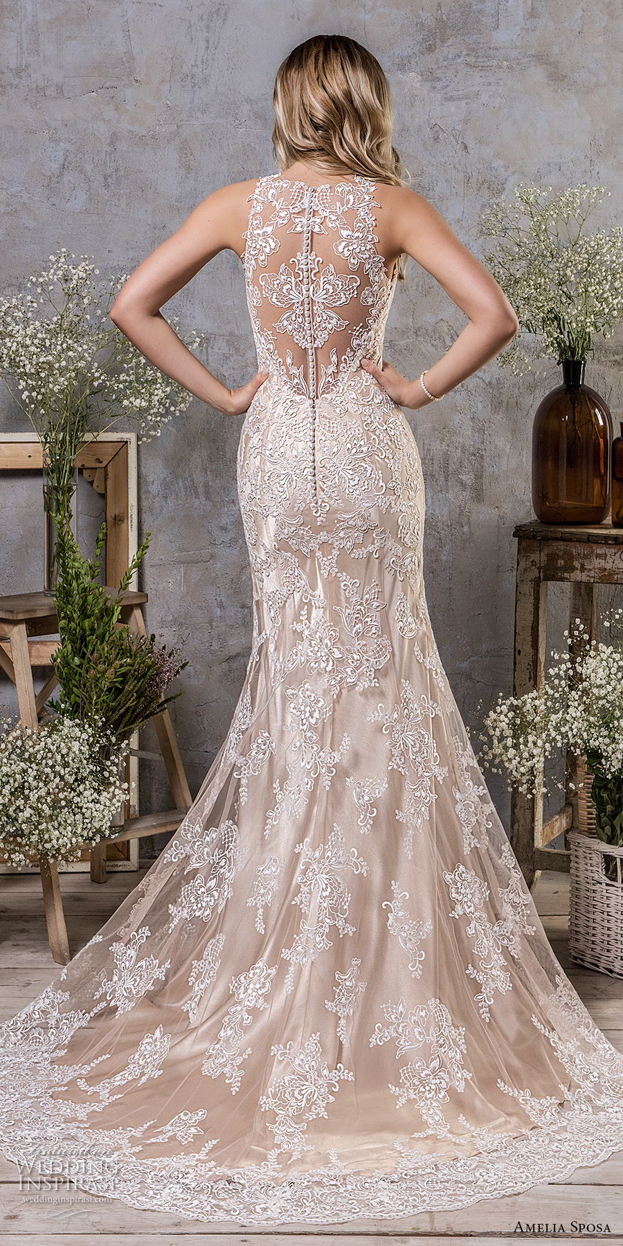 amelia sposa fall 2018 bridal sleeveless illusion jewel sweetheart neckline full embellishment elegant champagne color trumpet wedding dress covered lace back sweep train (2) bv