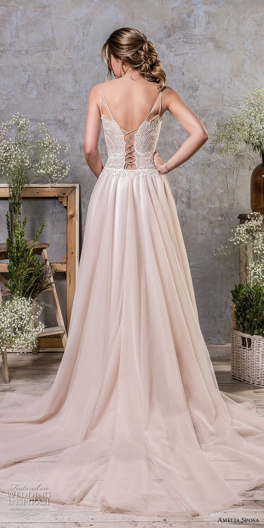 amelia sposa fall 2018 bridal spaghetti strap deep sweetheart neckline heavily embellished bodice romantic blush a  line wedding dress corset back chapel train (15) bv