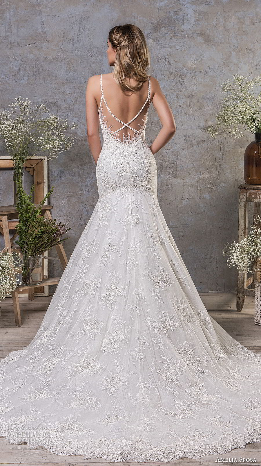 amelia sposa fall 2018 bridal spaghetti strap sweetheart neckline heavily embellished bodice drop waist a  line wedding dress open strap back chapel train (7) bv