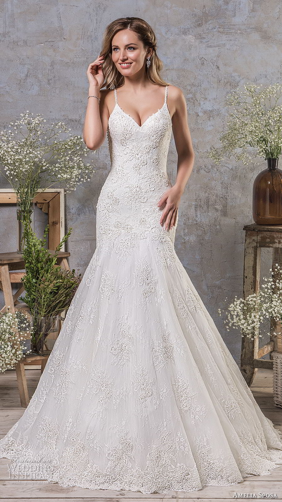 amelia sposa fall 2018 bridal spaghetti strap sweetheart neckline heavily embellished bodice drop waist a  line wedding dress open strap back chapel train (7) mv