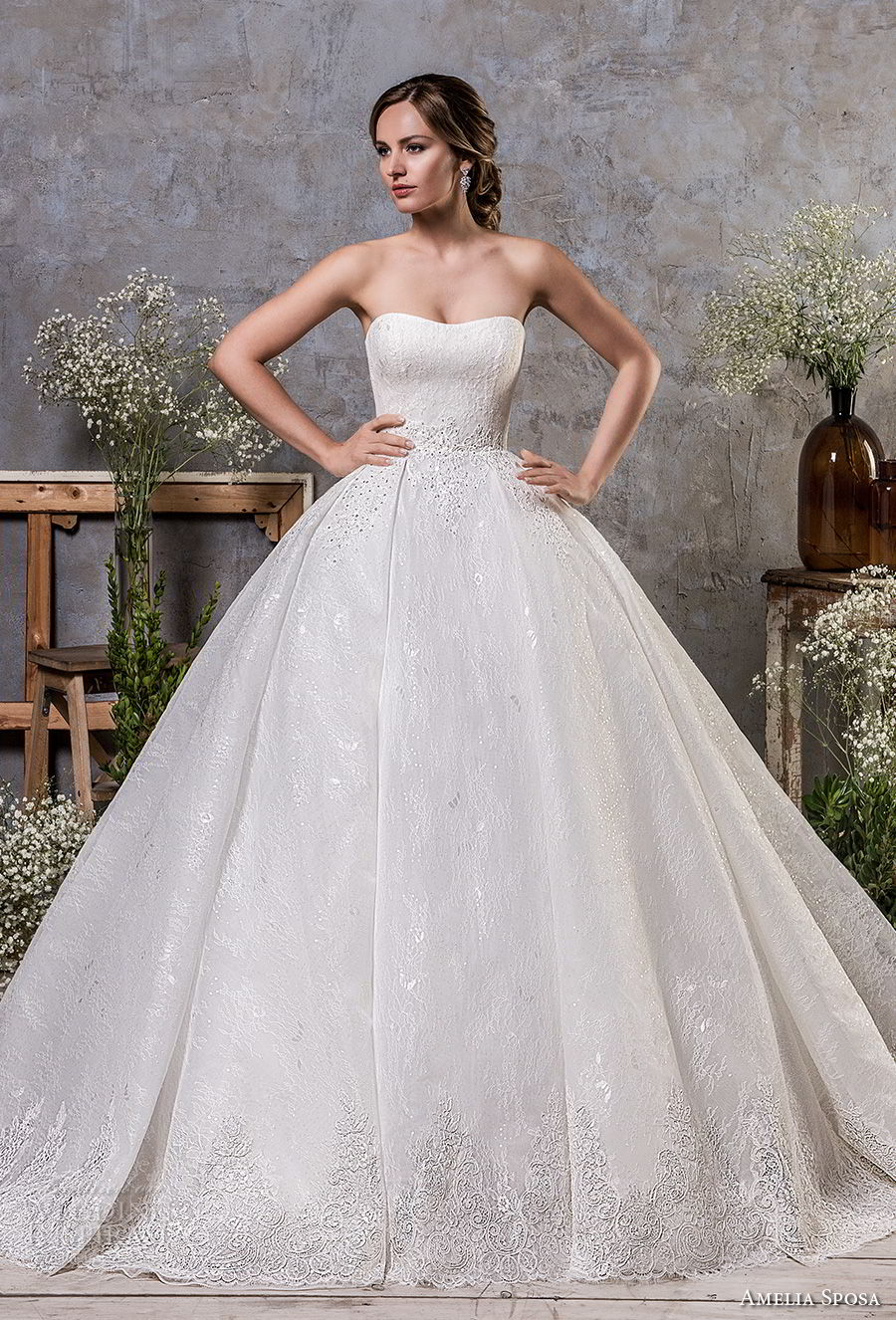 amelia sposa fall 2018 bridal strapless semi sweetheart neckline full embellishment romantic princess ball gown a  line wedding dress chapel train (18) mv