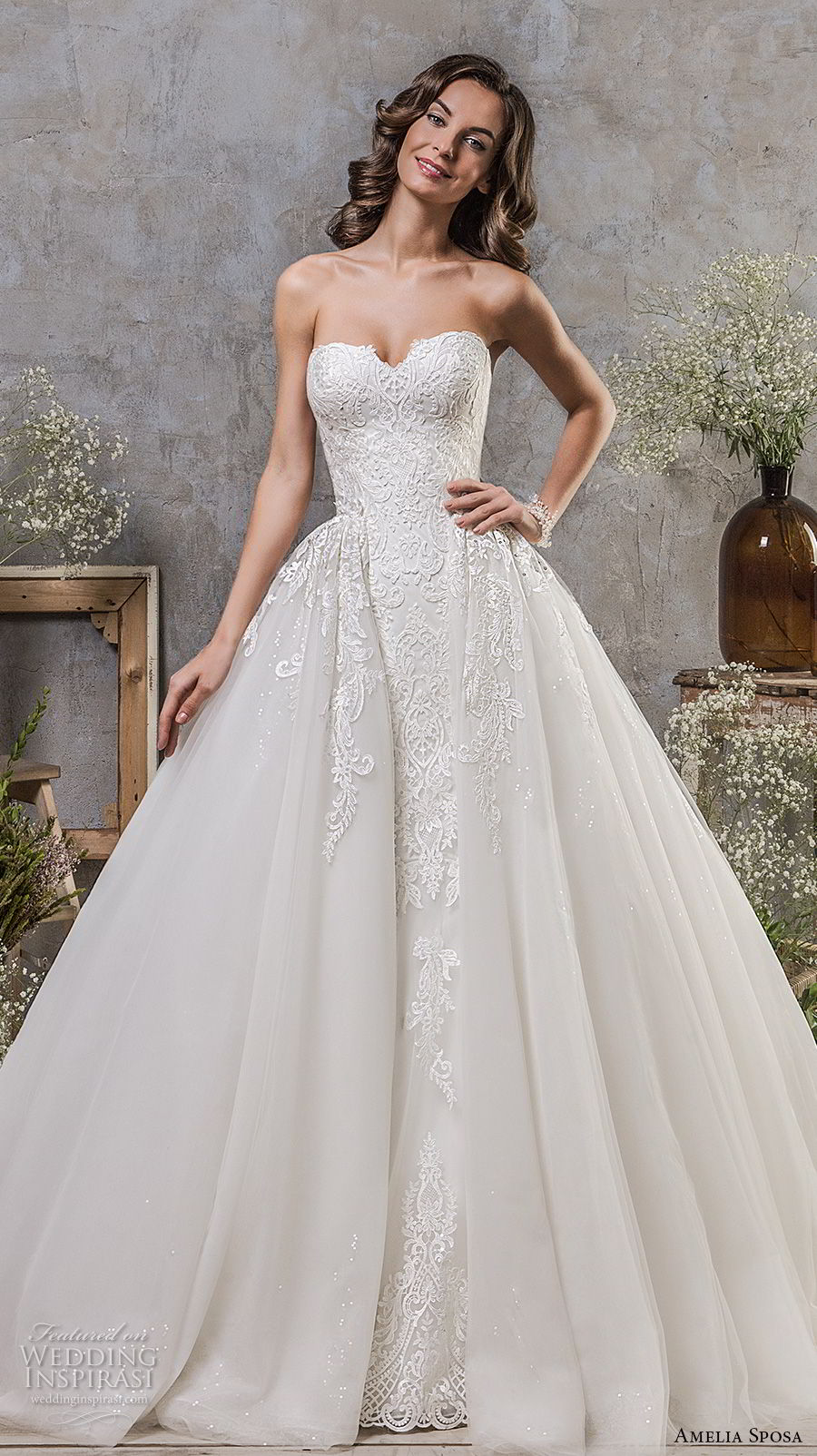 amelia sposa fall 2018 bridal strapless sweetheart neckline heavily embellished bodice romantic princess ball gown a  line wedding dress chapel train (1) mv