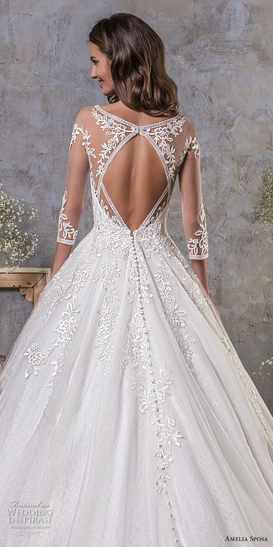 amelia sposa fall 2018 bridal three quarter sleeves illusion bateau semi sweetheart neckline heavily embellished bodice romantic a  line wedding dress keyhole back chapel train (11) bv