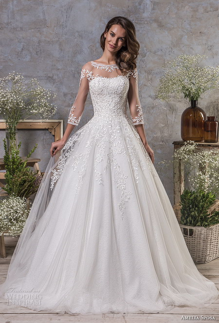 amelia sposa fall 2018 bridal three quarter sleeves illusion bateau semi sweetheart neckline heavily embellished bodice romantic a  line wedding dress keyhole back chapel train (11) mv