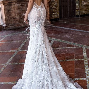 berta fall 2018 bridal cap sleeves deep plunging v neck full embellishment elegant fit and flare mermaid  wedding dress keyhole back chapel train (8) bv