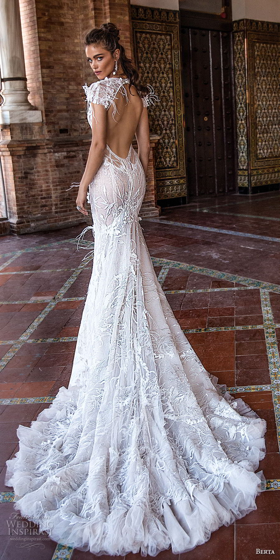 berta fall 2018 bridal cap sleeves deep plunging v neck full embellishment elegant fit and flare mermaid  wedding dress keyhole back chapel train (8) bv