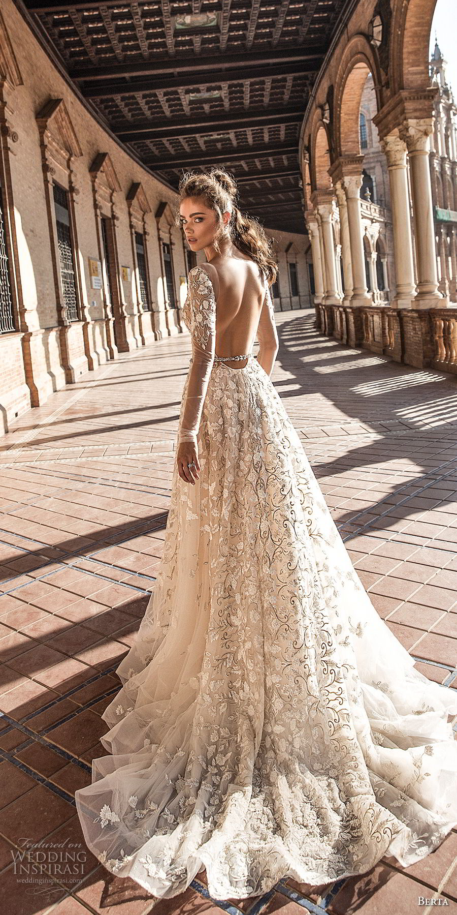 berta fall 2018 bridal long sleeves deep plunging v neck full embellishment romantic sexy a  line wedding dress open back chapel train (3) bv