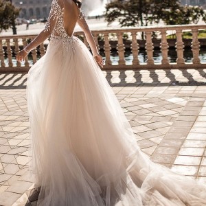 berta fall 2018 bridal long sleeves deep v neck heavily embellished bodice sexy romantic fit and flare mermaid wedding dress a  line overskirt open scoop back chapel train (1) bv