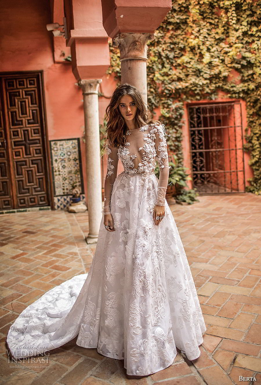 berta fall 2018 bridal long sleeves illusion bateau deep v neck heaily embellished bodice romantic sexy a  line wedding dress chapel train (26) mv