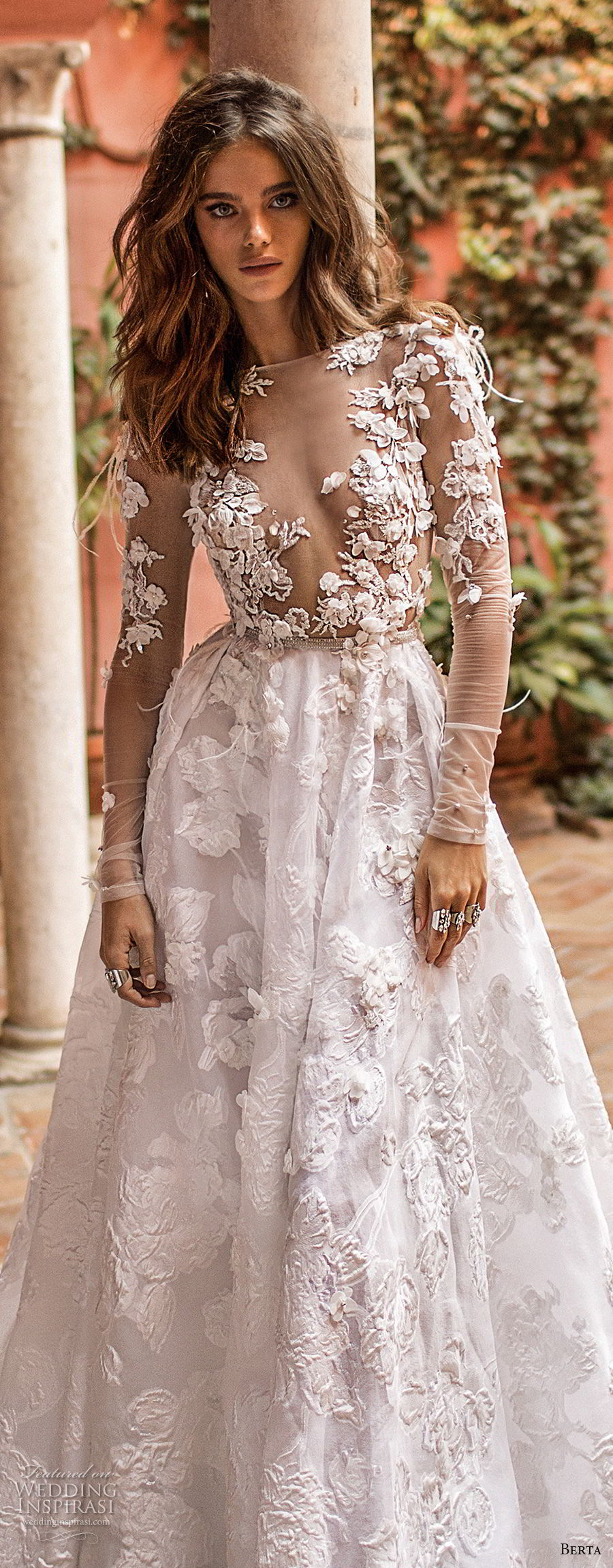 berta fall 2018 bridal long sleeves illusion bateau deep v neck heaily embellished bodice romantic sexy a  line wedding dress chapel train (26) zv