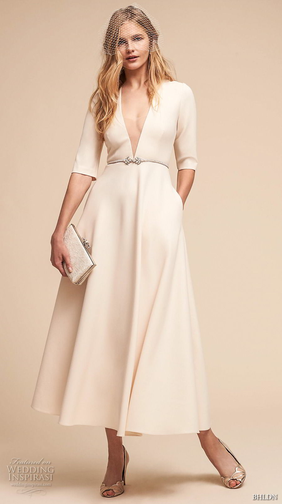 bhldn spring 2018 bridal half sleeves deep v neck simple clean elegant classy ankle length short wedding dress with pockets (14) mv