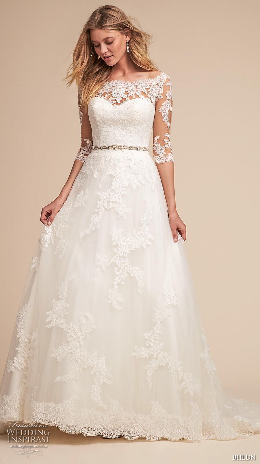 bhldn spring 2018 bridal half sleeves illusion bateau sweetheart neckline full embellishment romantic elegant a  line wedding dress lace back medium train (1) mv