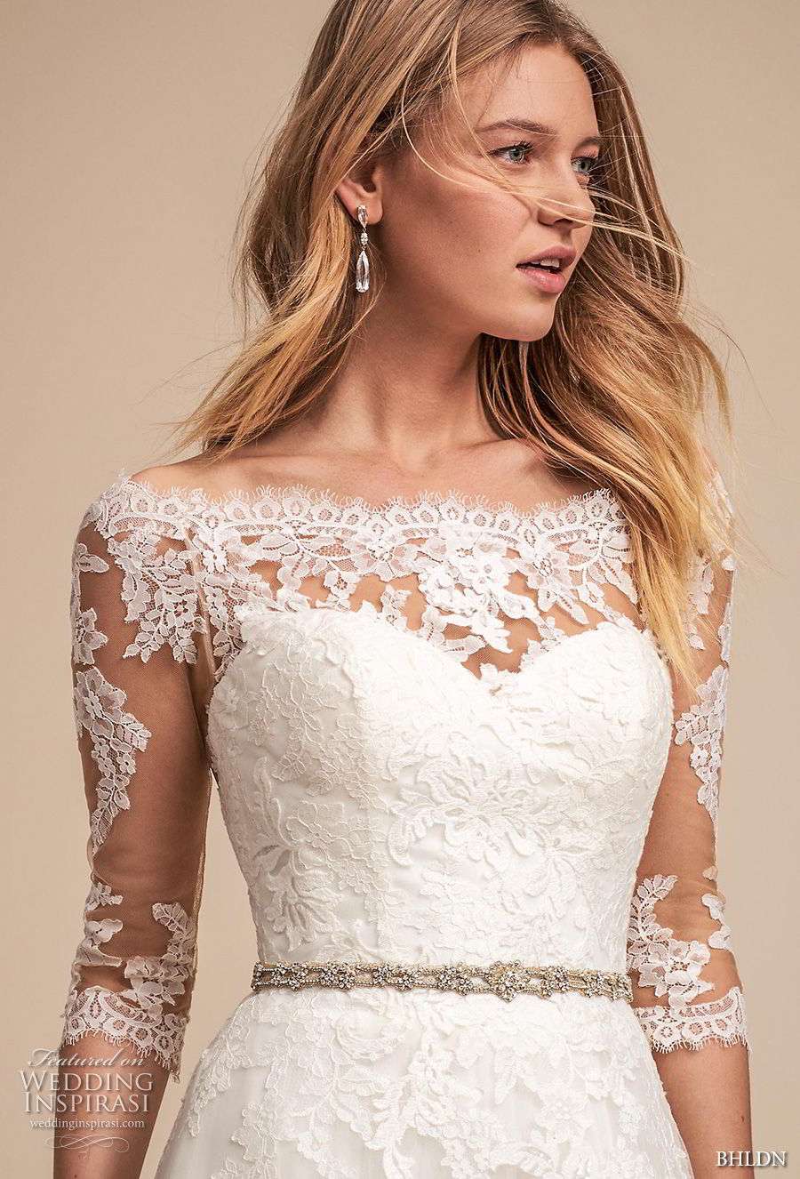 bhldn spring 2018 bridal half sleeves illusion bateau sweetheart neckline full embellishment romantic elegant a  line wedding dress lace back medium train (1) zv