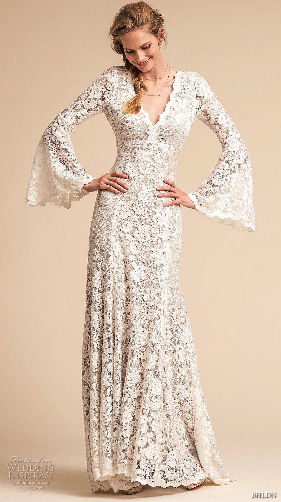 bhldn spring 2018 bridal long lantern sleeves v neck full embellishment elegant vintage bohemian modified a  line wedding dress keyhole back sweep train (13) mv