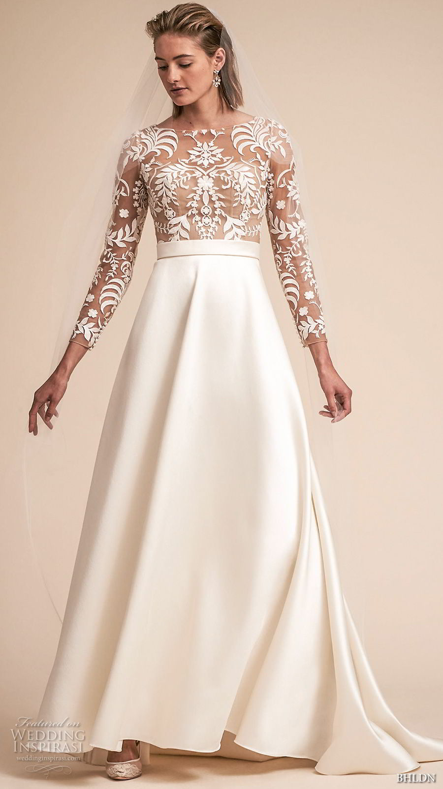 bhldn spring 2018 bridal long sleeves bateau neck heavily embellished lace bodice romantic a  line wedding dress covered lace back sweep train (15) mv