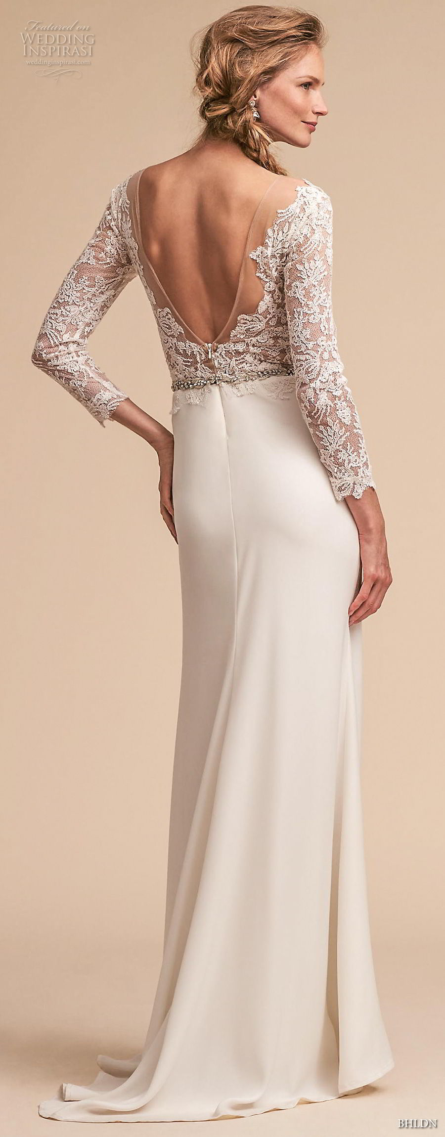 bhldn spring 2018 bridal long sleeves v neck heavily embellished lace bodice elegant trumpet sheath wedding dress open v back sweep train (5) bv