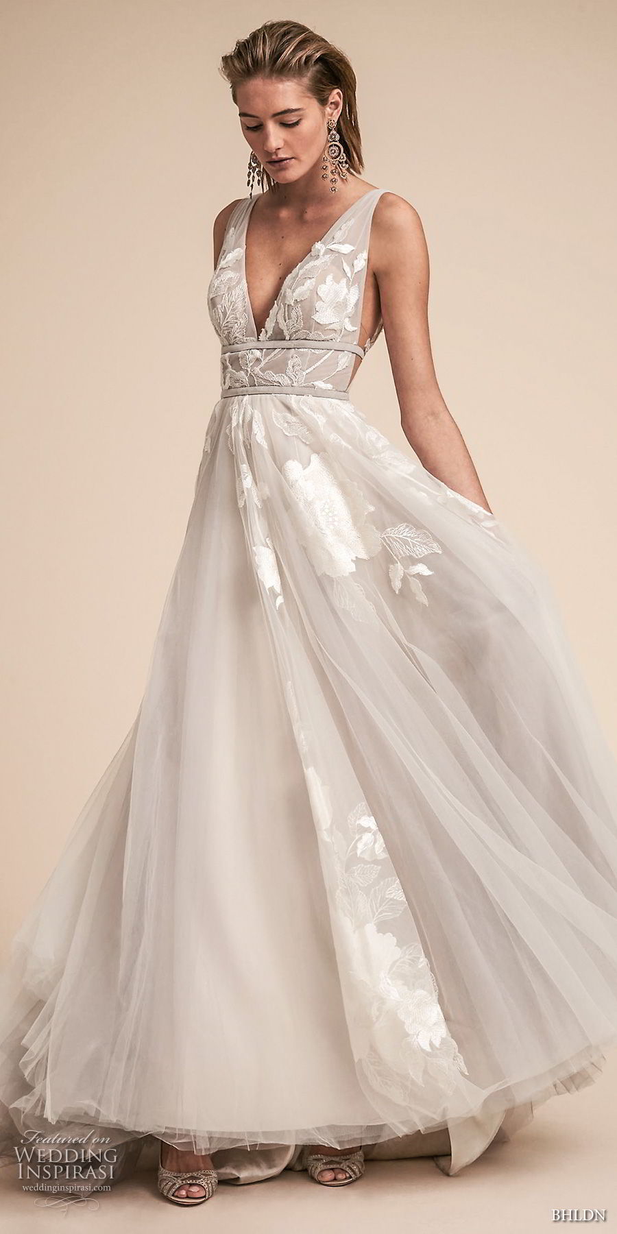 bhldn spring 2018 bridal sleeveless deep v neck light embellished bodice side open romantic soft gray a  line wedding dress open v back sweep train (19) mv 