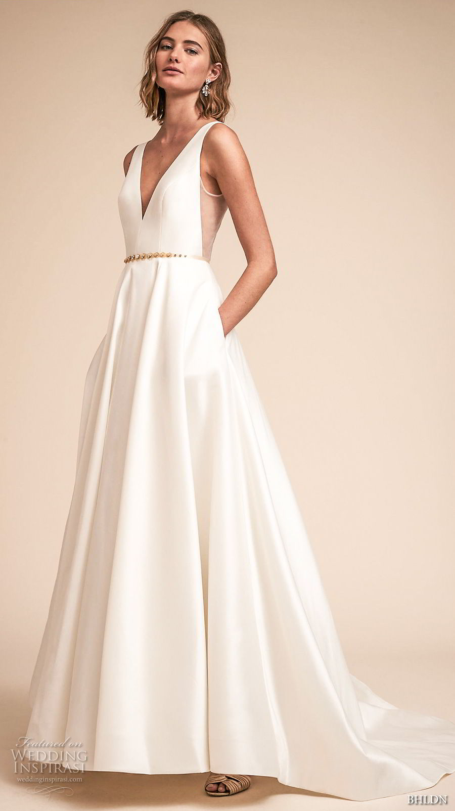 bhldn spring 2018 bridal sleeveless deep v neck simple clean a  line wedding dress open v back chapel train (16) mv