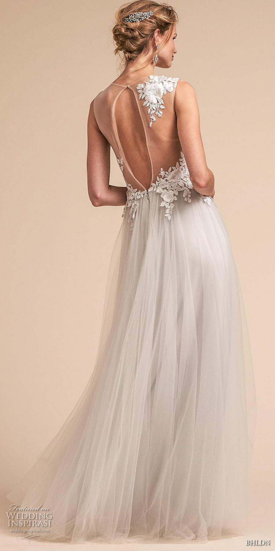 bhldn spring 2018 bridal sleeveless illusion one shoulder sweetheart neckline tulle skirt heavily embellished romantic soft a  line wedding dress sheer keyhole back sweep train (2) bv