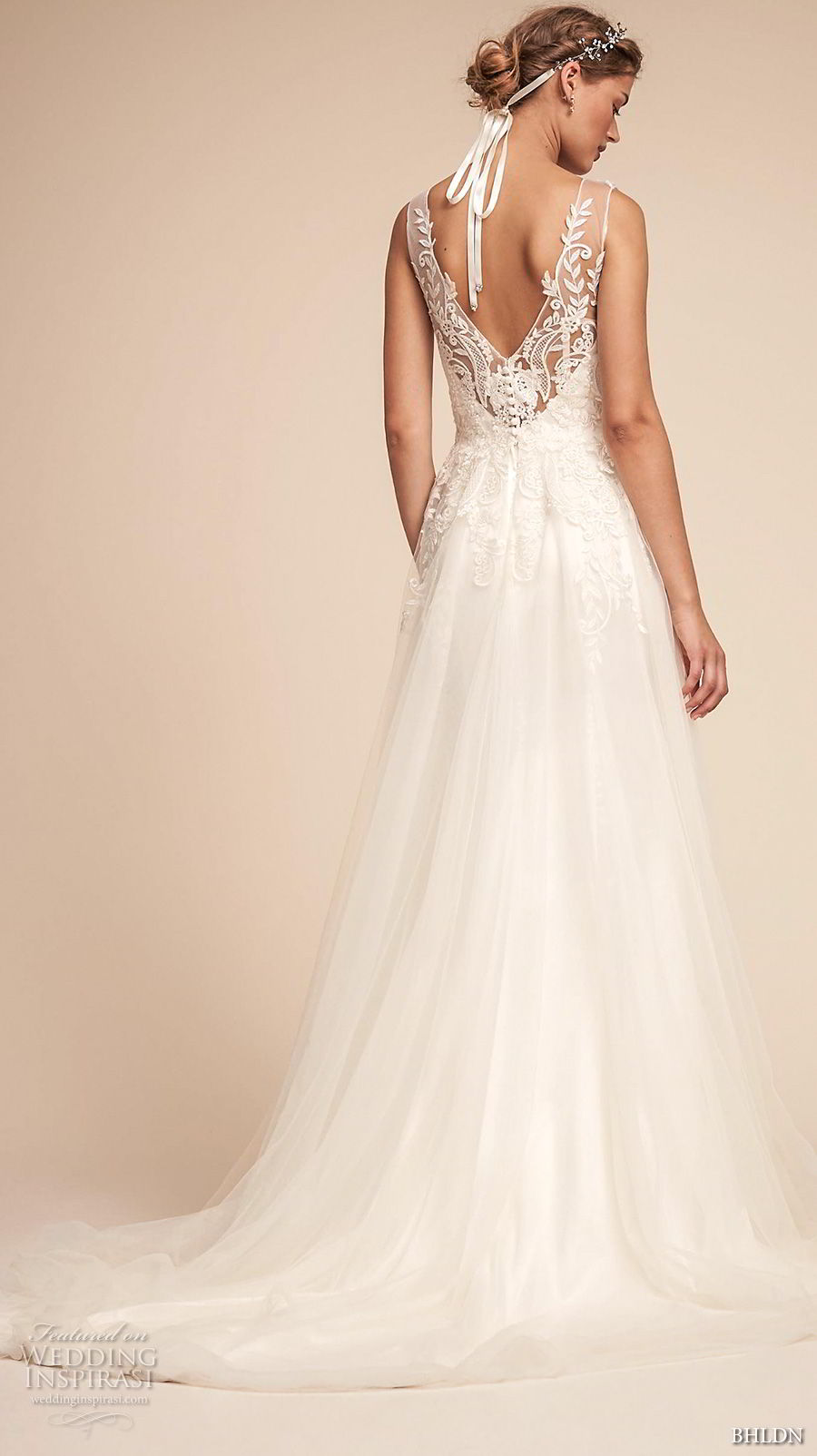 bhldn spring 2018 bridal sleeveless illusion v sweetheart neckline heavily embellished bodice tulle skirt romantic soft a  line wedding dress open v back medium train (4) bv