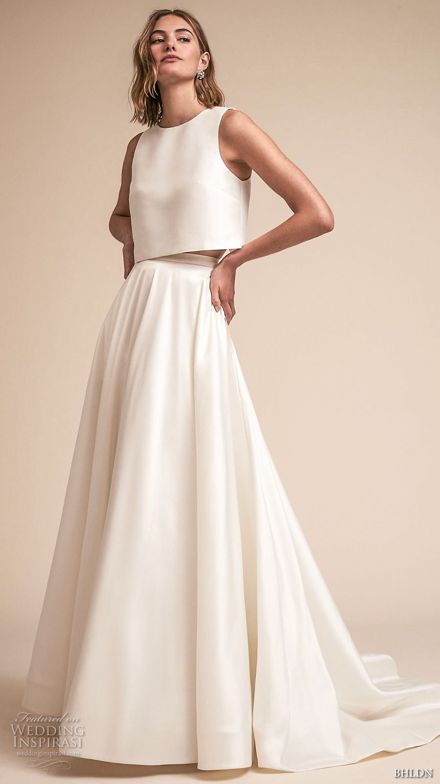 bhldn spring 2018 bridal sleeveless jewel neck simple clean bodice crop top a  line wedding dress sweep train (11) mv