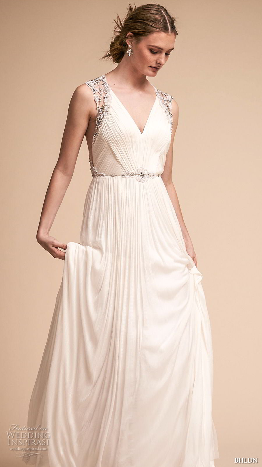 bhldn spring 2018 bridal sleeveless v neck ruched bodice elegant grecian a  line wedding dress rasor back sweep train (10) mv