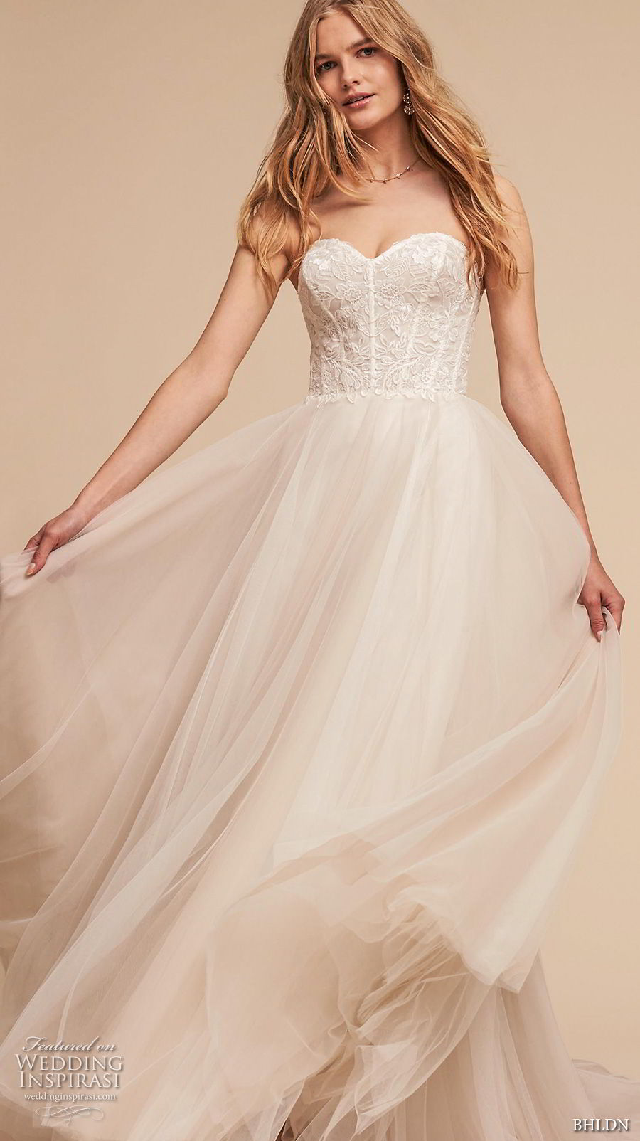 bhldn spring 2018 bridal strapless sweetheart neckline heavily embellished bodice tulle skirt romantic a  line wedding dress chapel train (3) mv