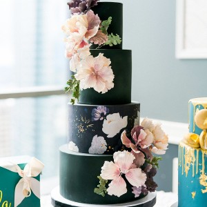 black 4 tier pink floral wedding cake (3) mv