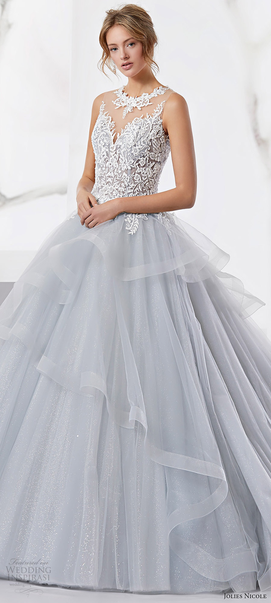 jolies nicole 2018 bridal trends sleeveless jewel neck beaded lace bodice layered skirt ball gown wedding dress (JOAB18526) mv light blue