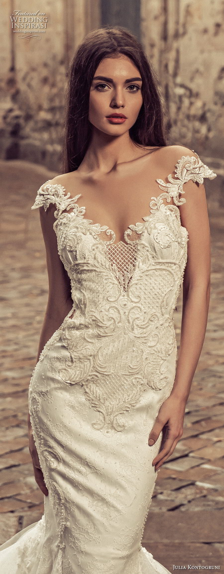 julia kontogruni 2018 bridal cap sleeves sweetheart neckline heavily embellished bodice elegant mermaid wedding dress sheer lace back royal train (2) zv