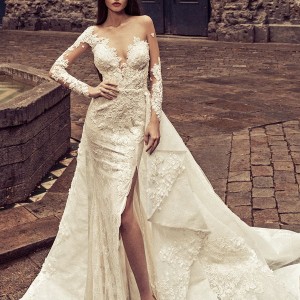julia kontogruni 2018 bridal long sleeves deep sweetheart neckline full embellishment high slit skirt elegant fit and flare wedding dress a  line overskirt sheer button back chapel train (3) mv
