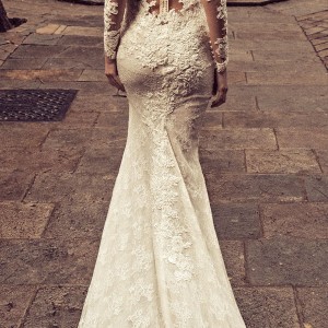 julia kontogruni 2018 bridal long sleeves deep sweetheart neckline full embellishment high slit skirt elegant fit and flare wedding dress sheer button back chapel train (3) bv