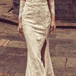 julia kontogruni 2018 bridal long sleeves deep sweetheart neckline full embellishment high slit skirt elegant fit and flare wedding dress sheer button back chapel train (3) mv
