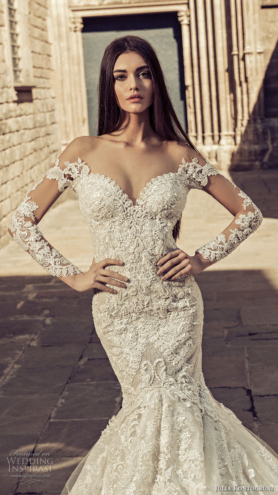 julia kontogruni 2018 bridal long sleeves sweetheart neckline full embellishment elegant mermaid wedding dress sheer button back royal train (6) zv