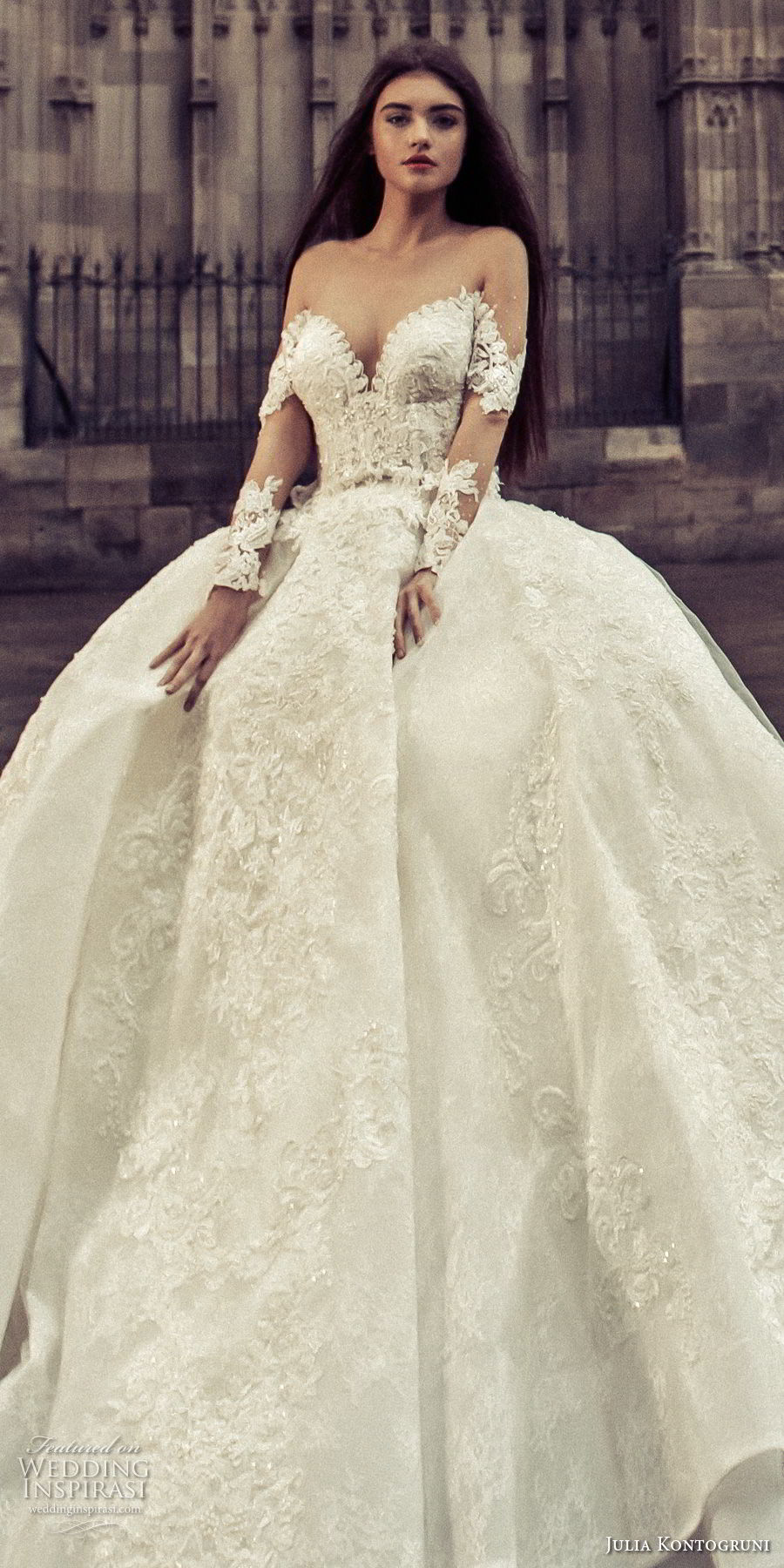julia kontogruni 2018 bridal long sleeves sweetheart neckline full embelllishment princess ball gown wedding dress sheer button back royal train (1) zv
