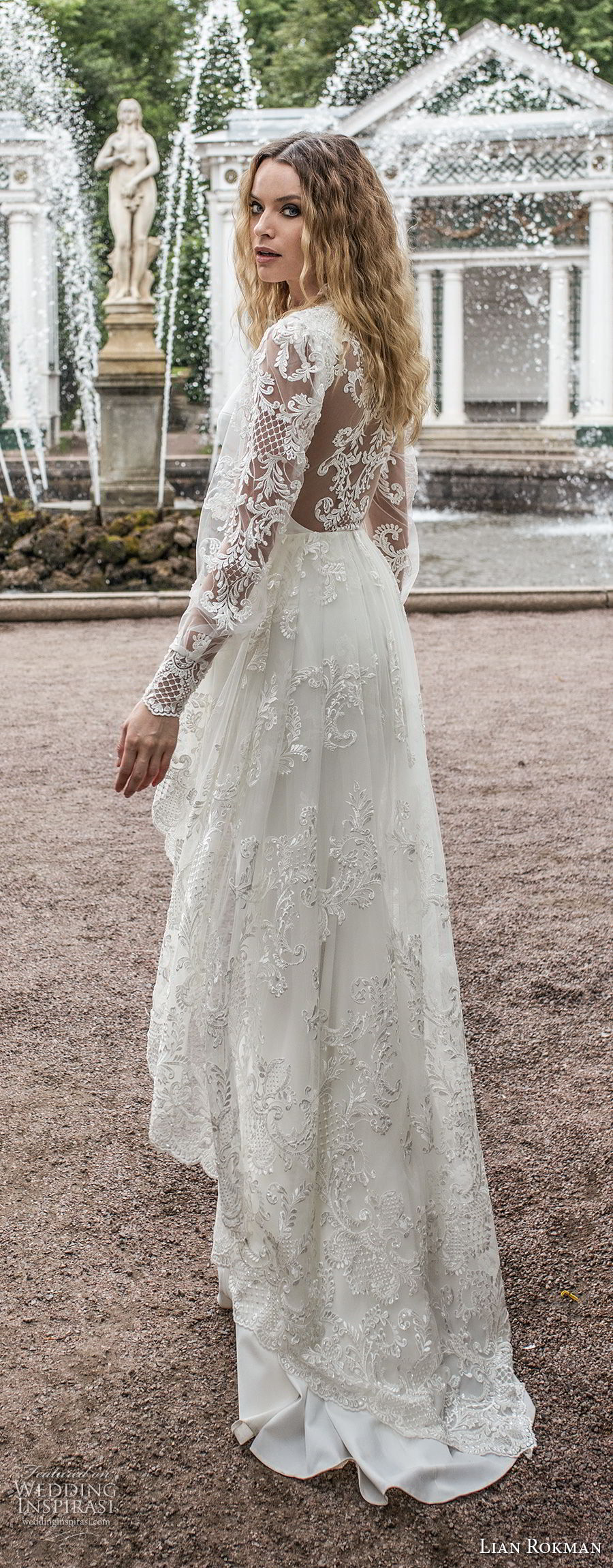 lian rokman 2018 bridal long sleeves ballerina neckline simple full embellishment elegant sheath wedding dress a  line overskirt lace back sweep train (12) bv 